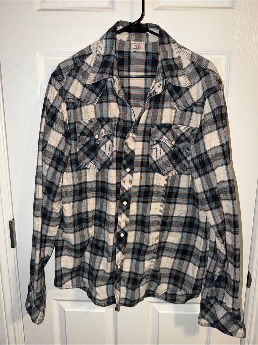 True Religion Men's Plaid Button-Up Shirt in White, Black & Blue
